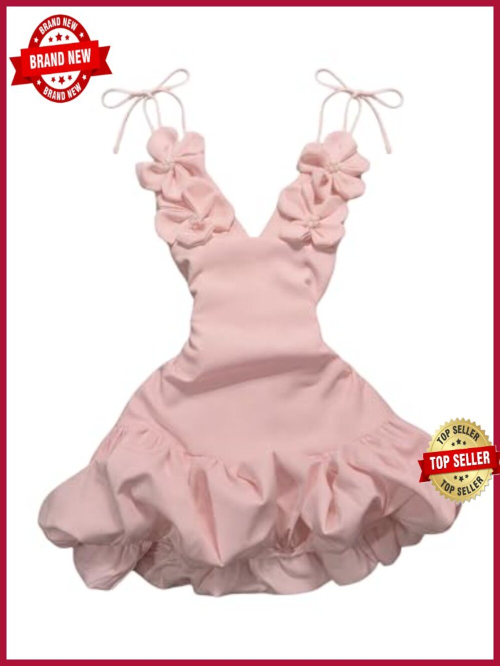 Women's Bubble Mini Dress 3D Floral Deep V Neck Spaghetti Strap A Line Party